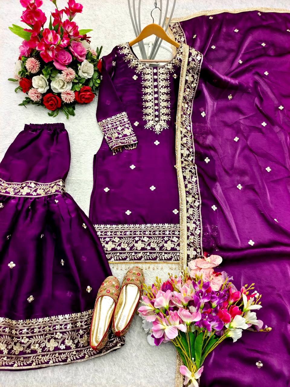 Wedding Wear Purple Color Pure Zimmy Chu Silk With Heavy Embroidery Sequence Work Sharara Suit