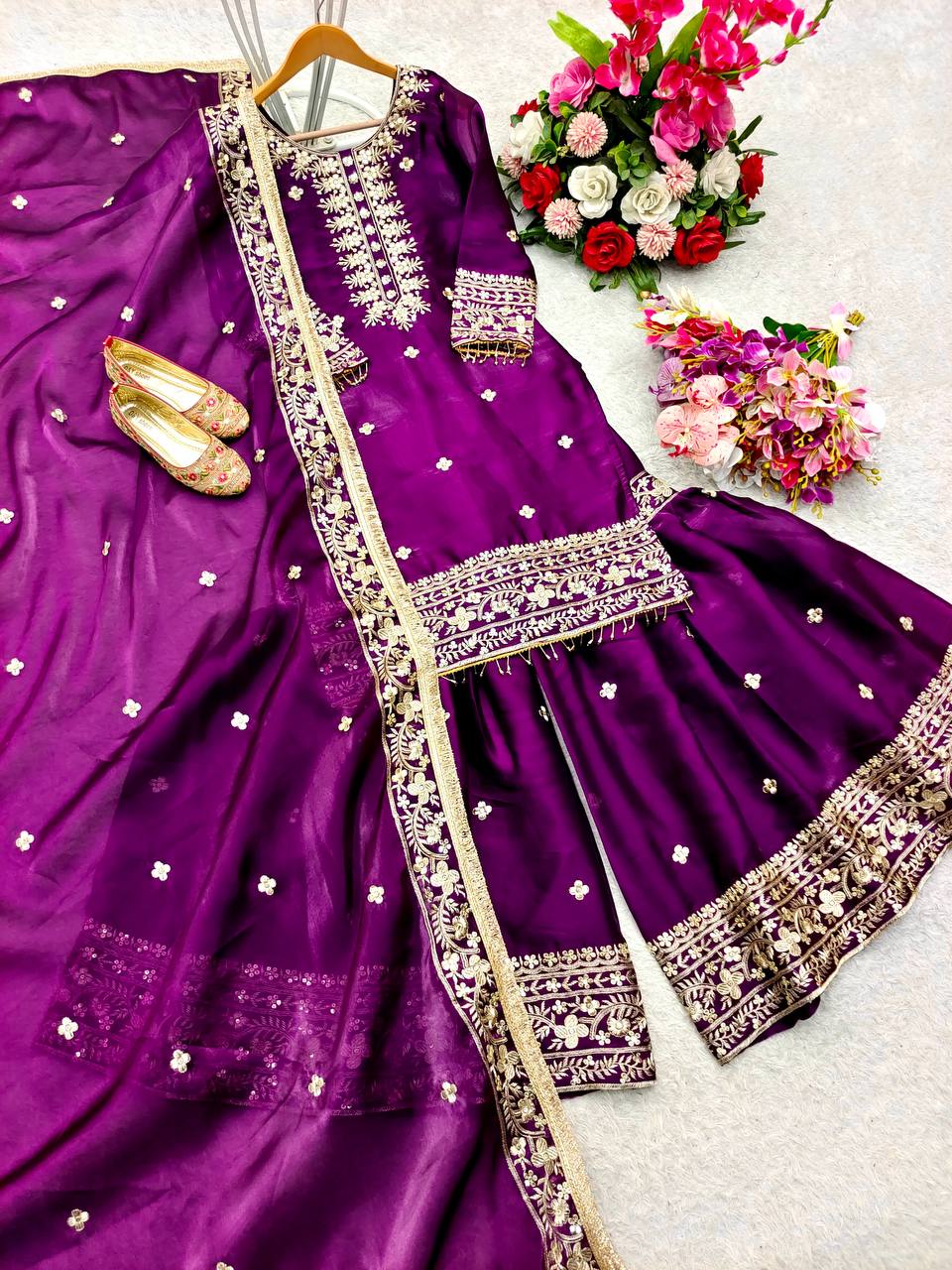 Wedding Wear Purple Color Pure Zimmy Chu Silk With Heavy Embroidery Sequence Work Sharara Suit