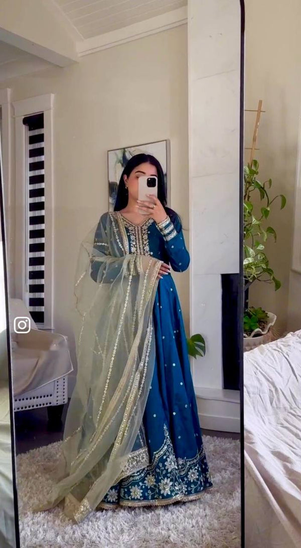 Occasion Wear Blue Color Pure Satin Silk With Heavy Embroidery Work Designer Gown