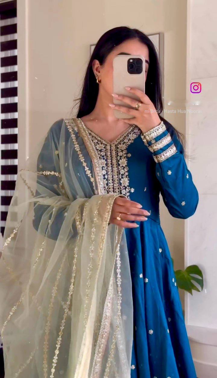 Occasion Wear Blue Color Pure Satin Silk With Heavy Embroidery Work Designer Gown