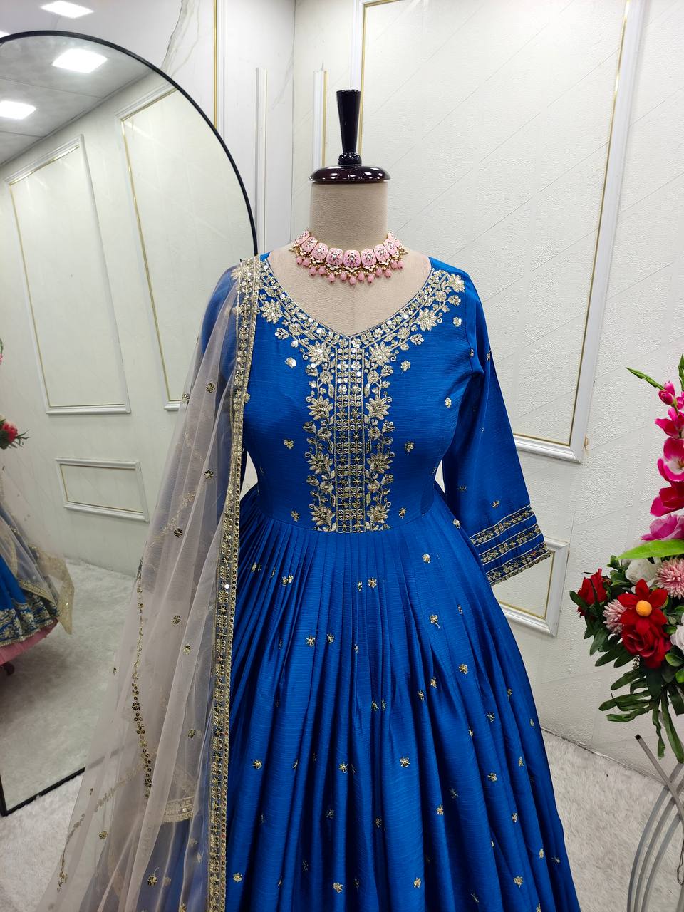 Occasion Wear Blue Color Pure Satin Silk With Heavy Embroidery Work Designer Gown