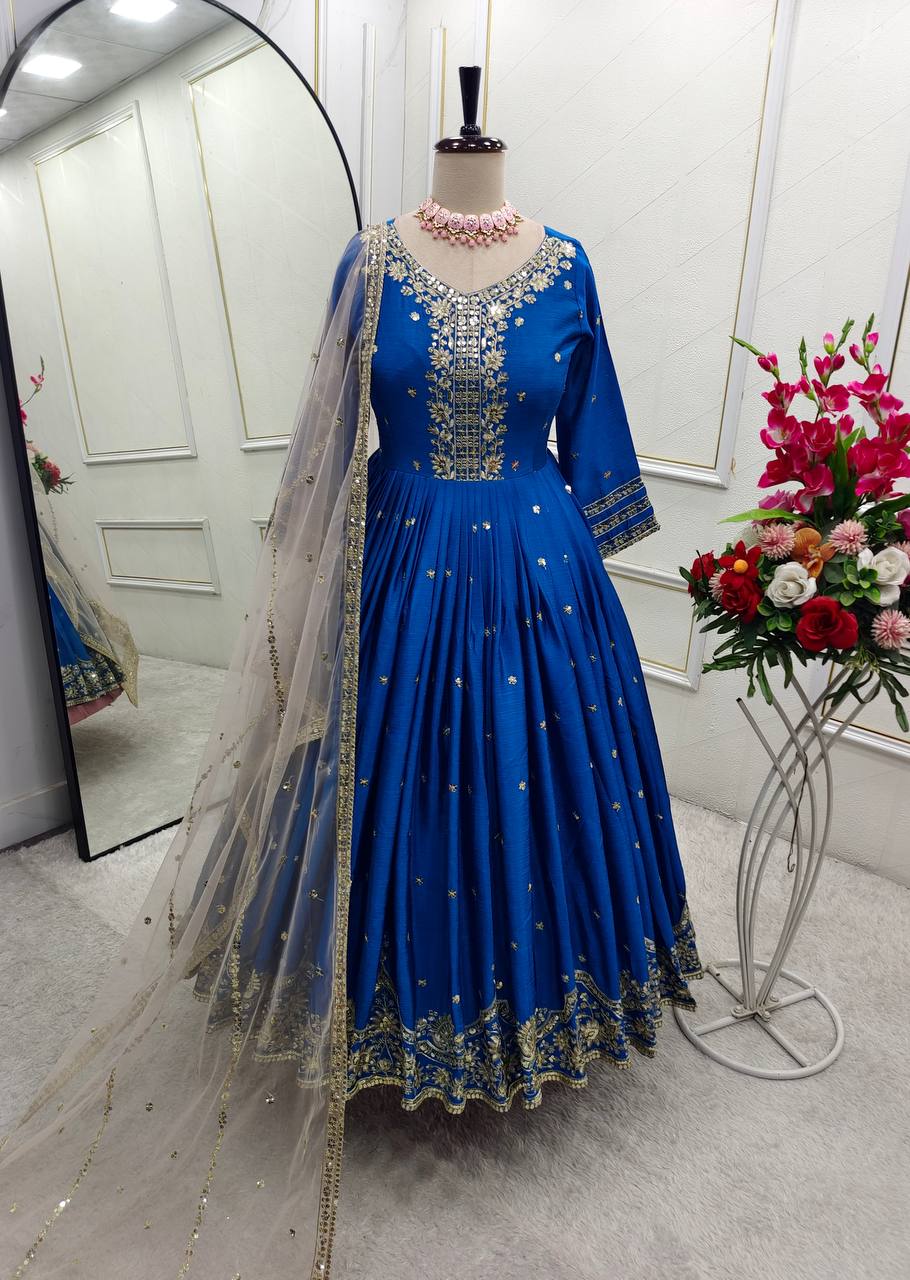 Occasion Wear Blue Color Pure Satin Silk With Heavy Embroidery Work Designer Gown