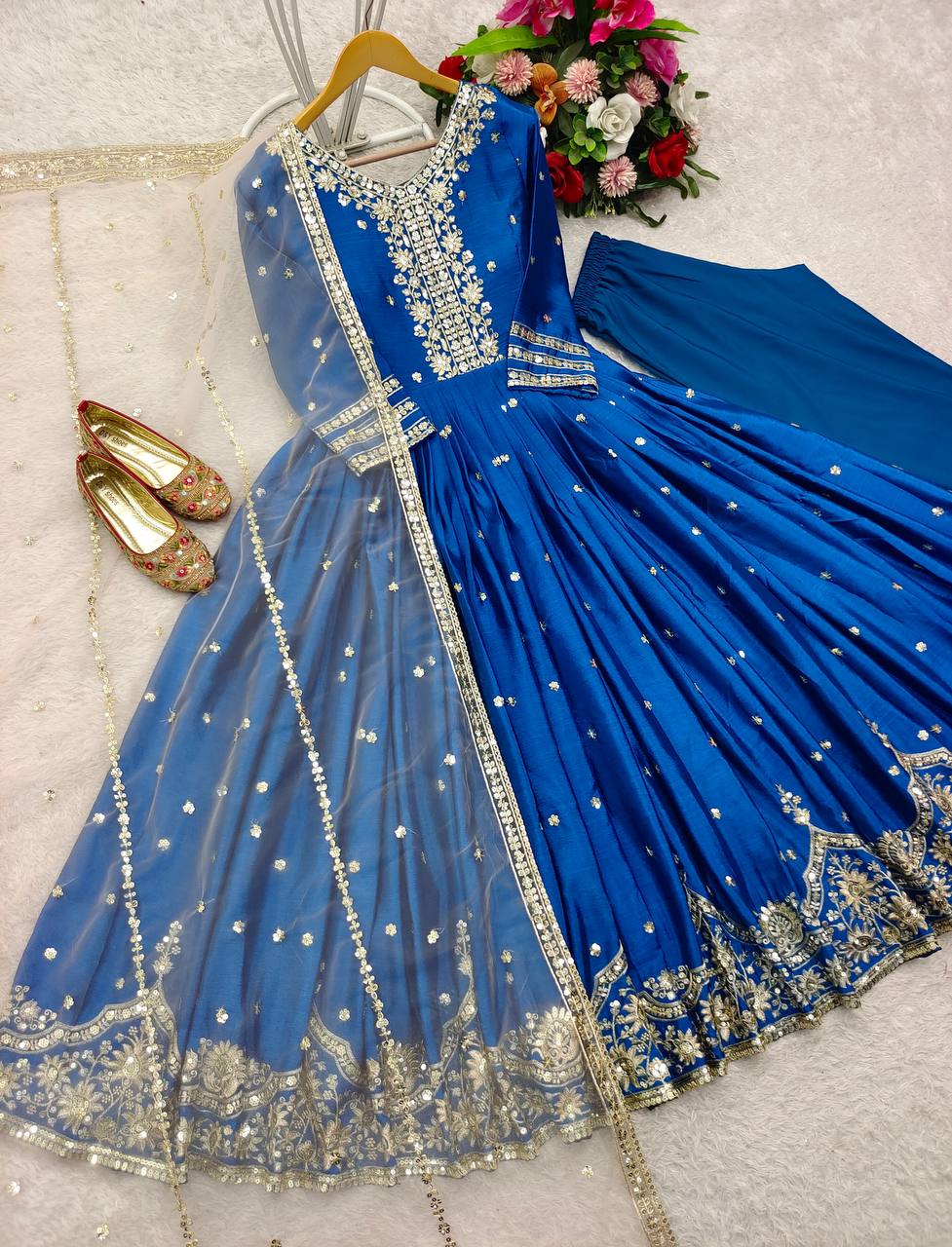 Occasion Wear Blue Color Pure Satin Silk With Heavy Embroidery Work Designer Gown