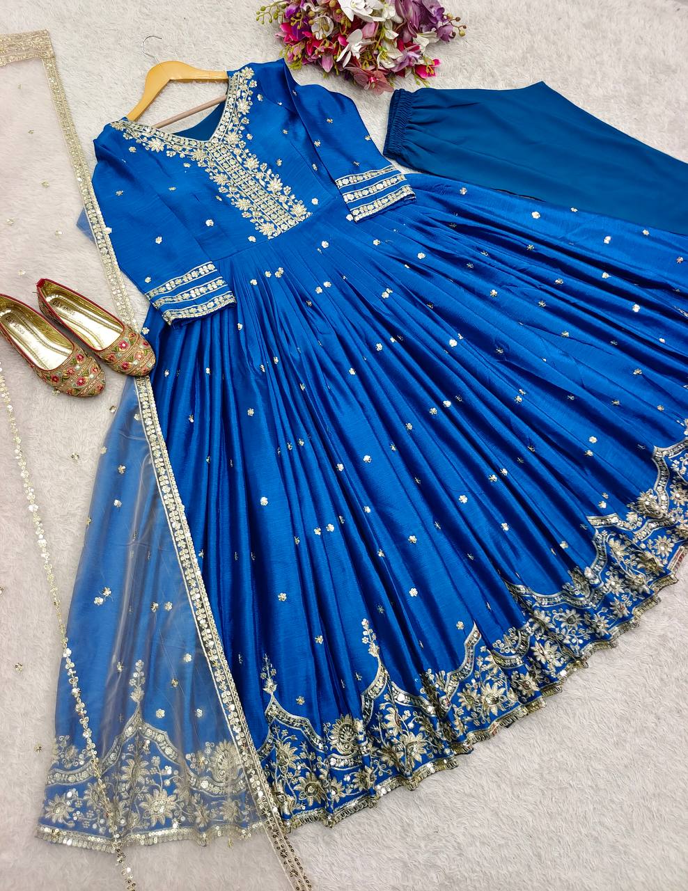 Occasion Wear Blue Color Pure Satin Silk With Heavy Embroidery Work Designer Gown