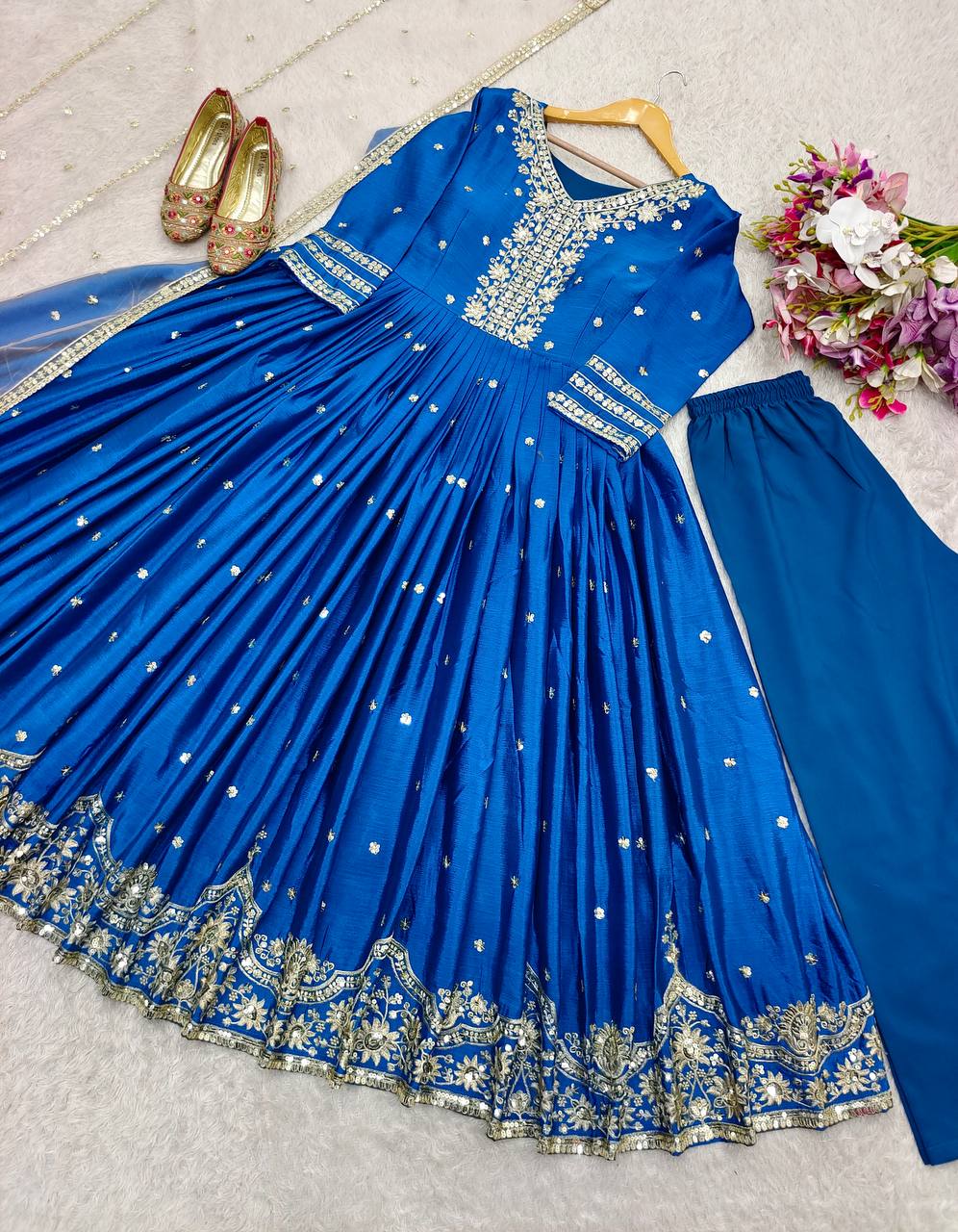 Occasion Wear Blue Color Pure Satin Silk With Heavy Embroidery Work Designer Gown
