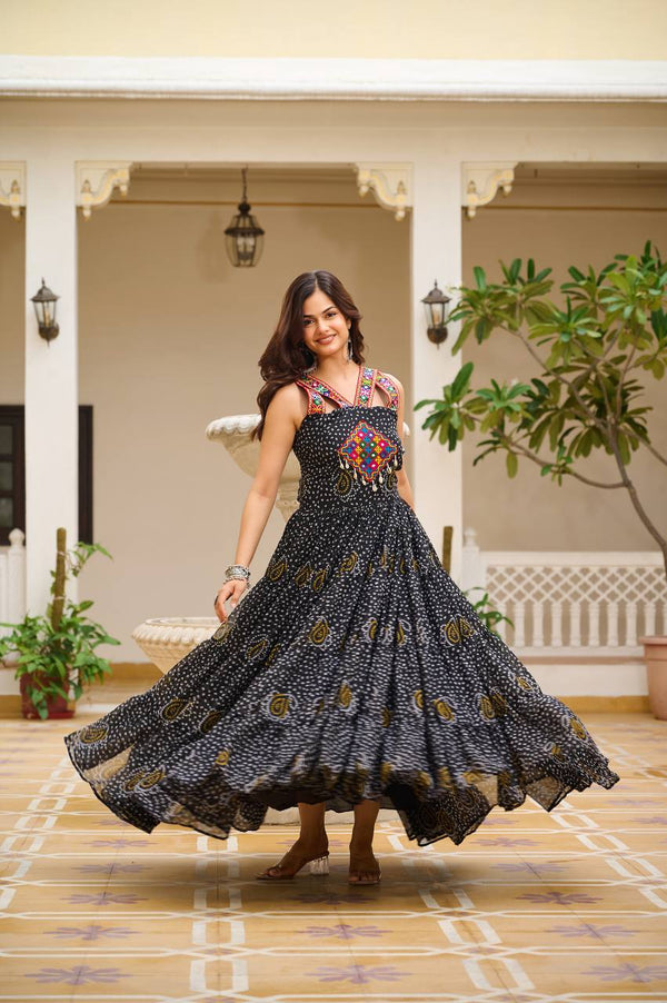 Navratri Wear Black Color Georgette Bandani Printed With Real Mirror Gown