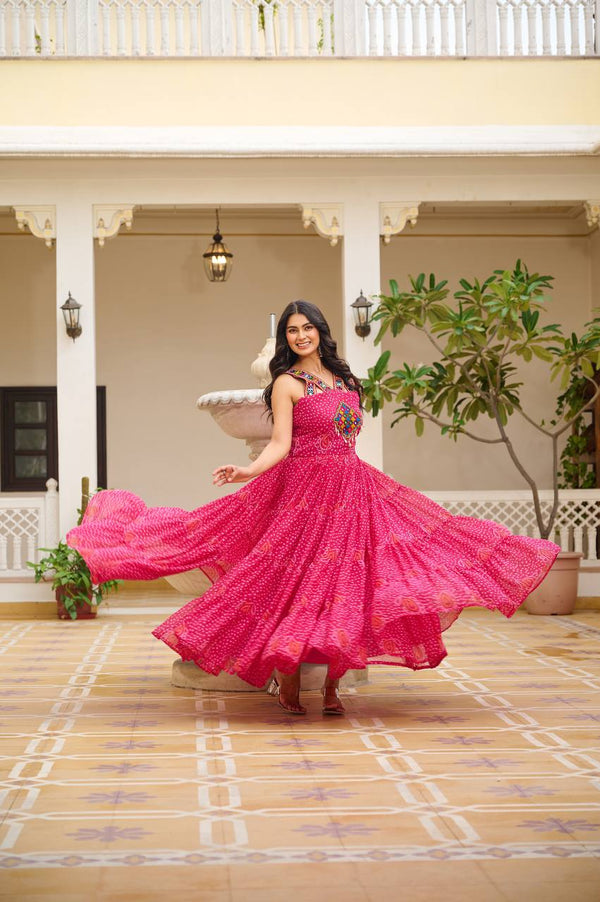 Navratri Wear Pink Color Georgette Bandani Printed With Real Mirror Gown
