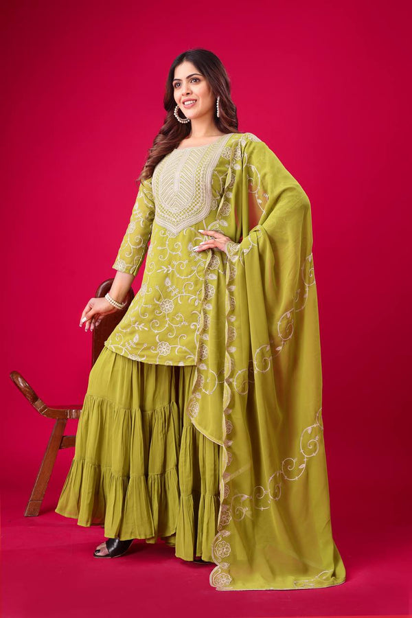 Ceremony Wear Lamon Green Color Heavy Georgette Embroidery Work Sharara Suit