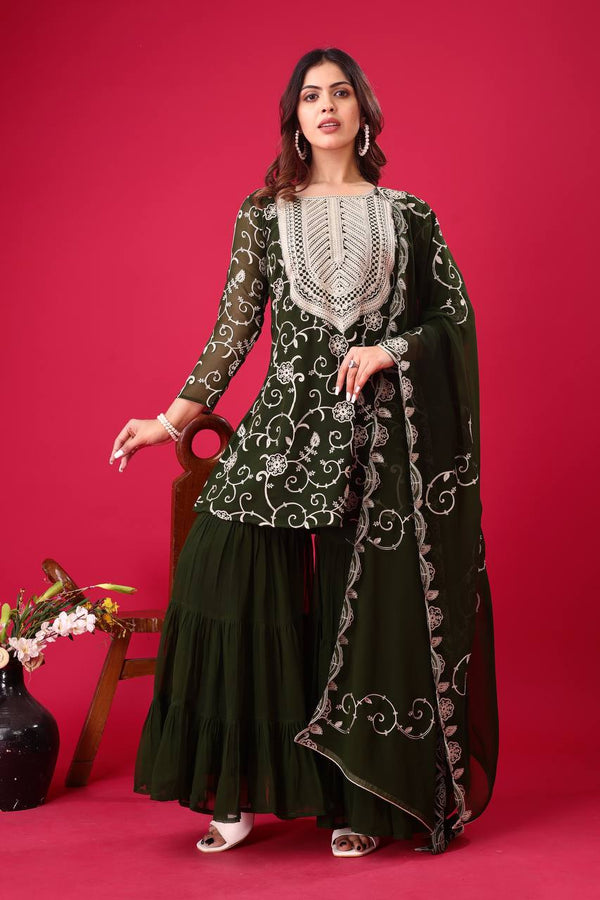 Ceremony Wear Mahendi Green Color Heavy Georgette Embroidery Work Sharara Suit