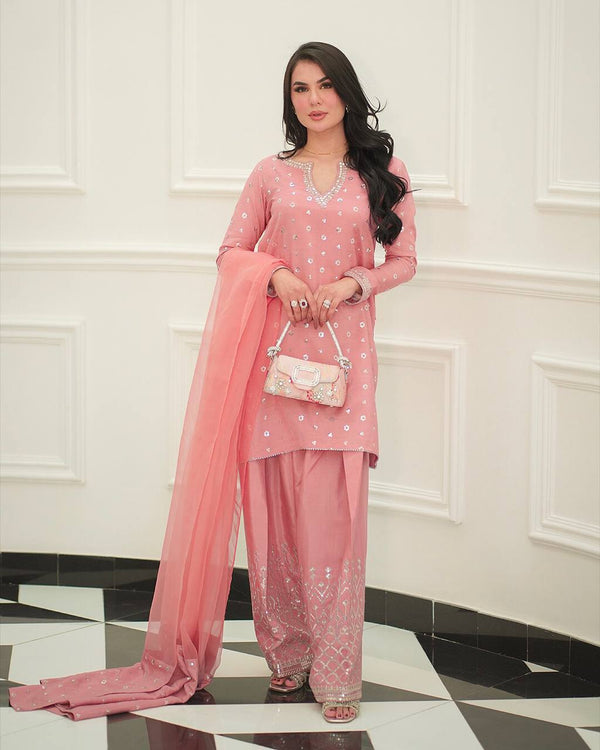Party Wear Peach Color Heavy Chinnon Silk Fancy Less Border Work Salwar Suit