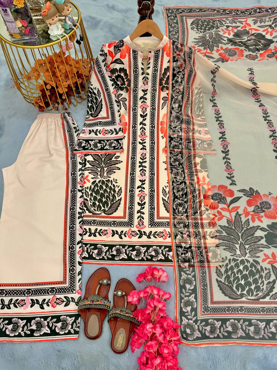 Exclusive Cream Color Pure American Crape With Digital Printed Designer Palazzo Suit