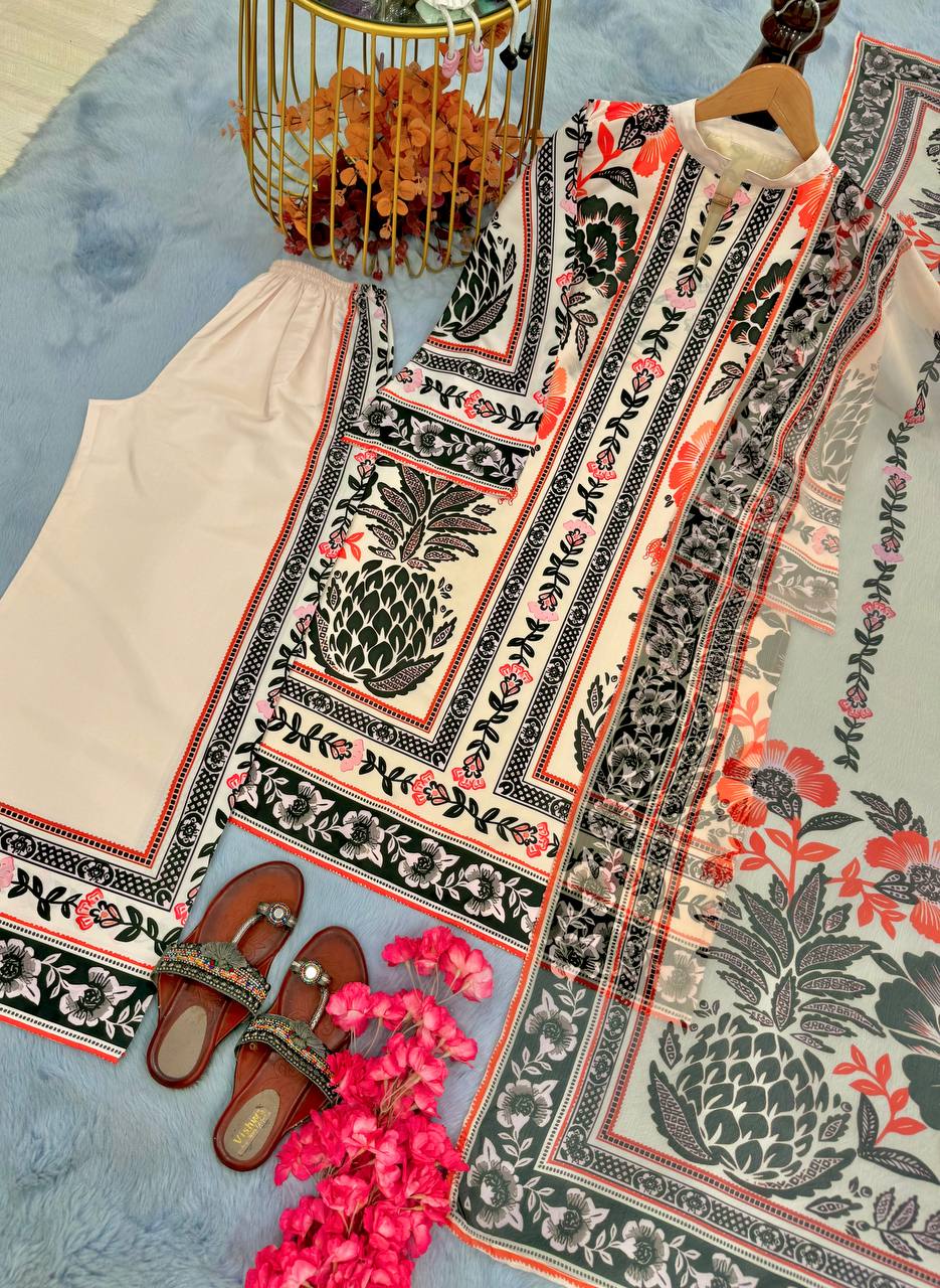 Exclusive Cream Color Pure American Crape With Digital Printed Designer Palazzo Suit