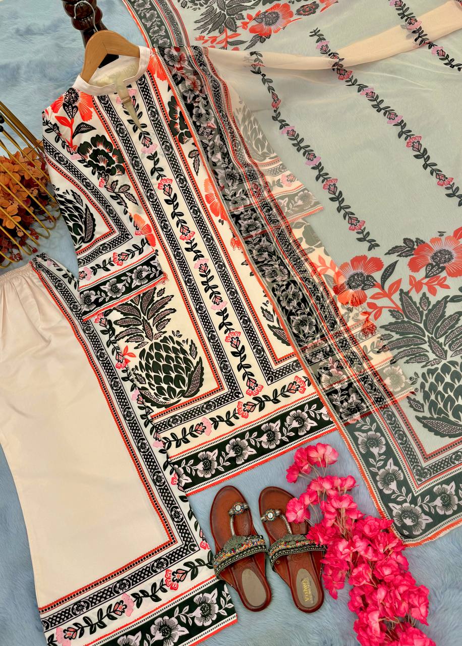 Exclusive Cream Color Pure American Crape With Digital Printed Designer Palazzo Suit
