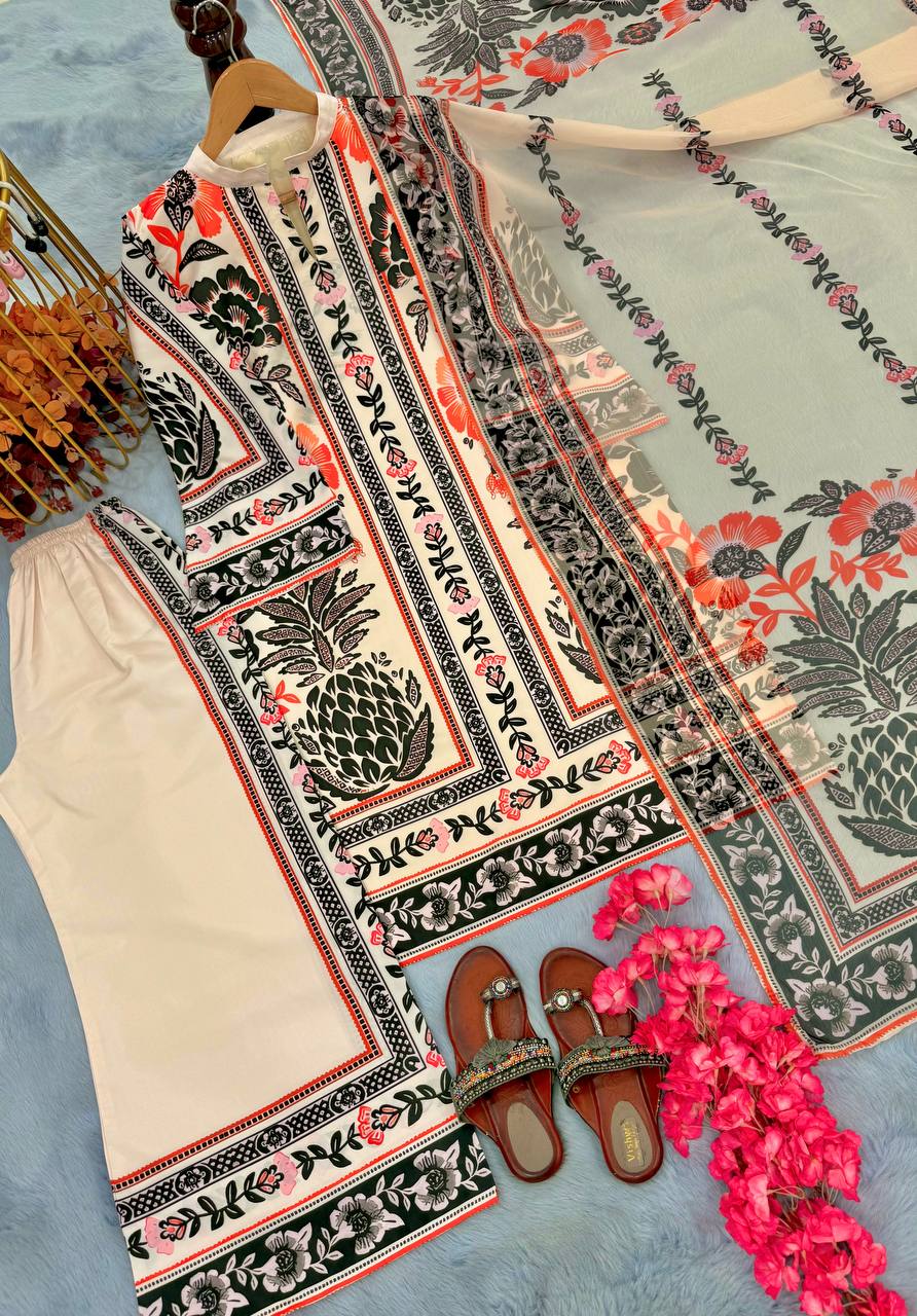 Exclusive Cream Color Pure American Crape With Digital Printed Designer Palazzo Suit