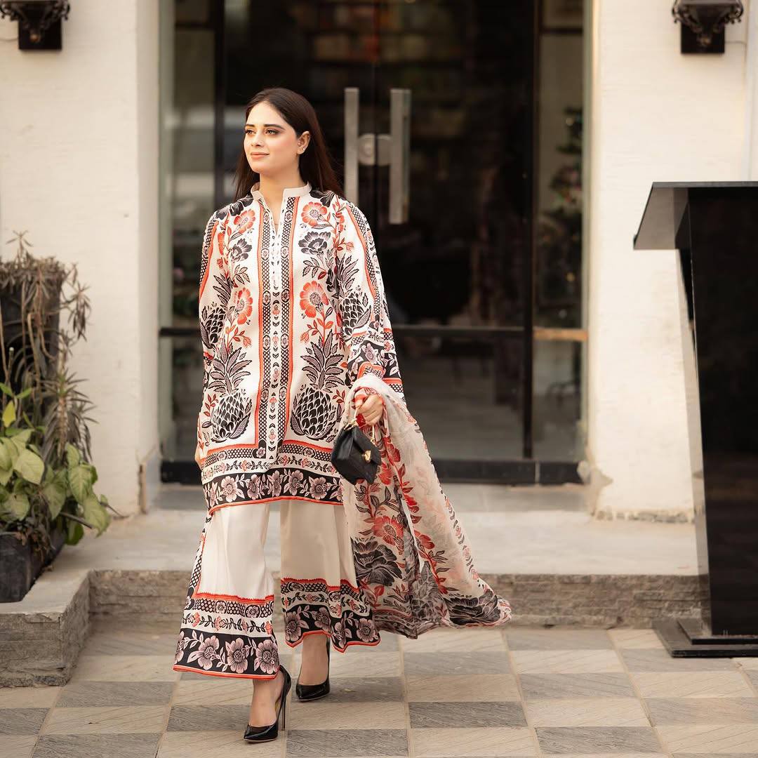 Exclusive Cream Color Pure American Crape With Digital Printed Designer Palazzo Suit