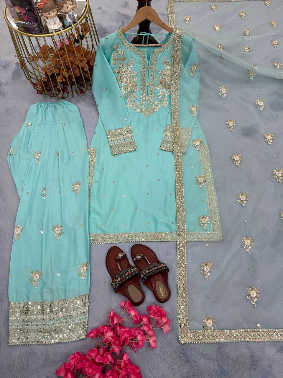 Wedding Wear Sky Blue Pure Natural Crepe With Embroidery Sequence Work Palazzo Suit