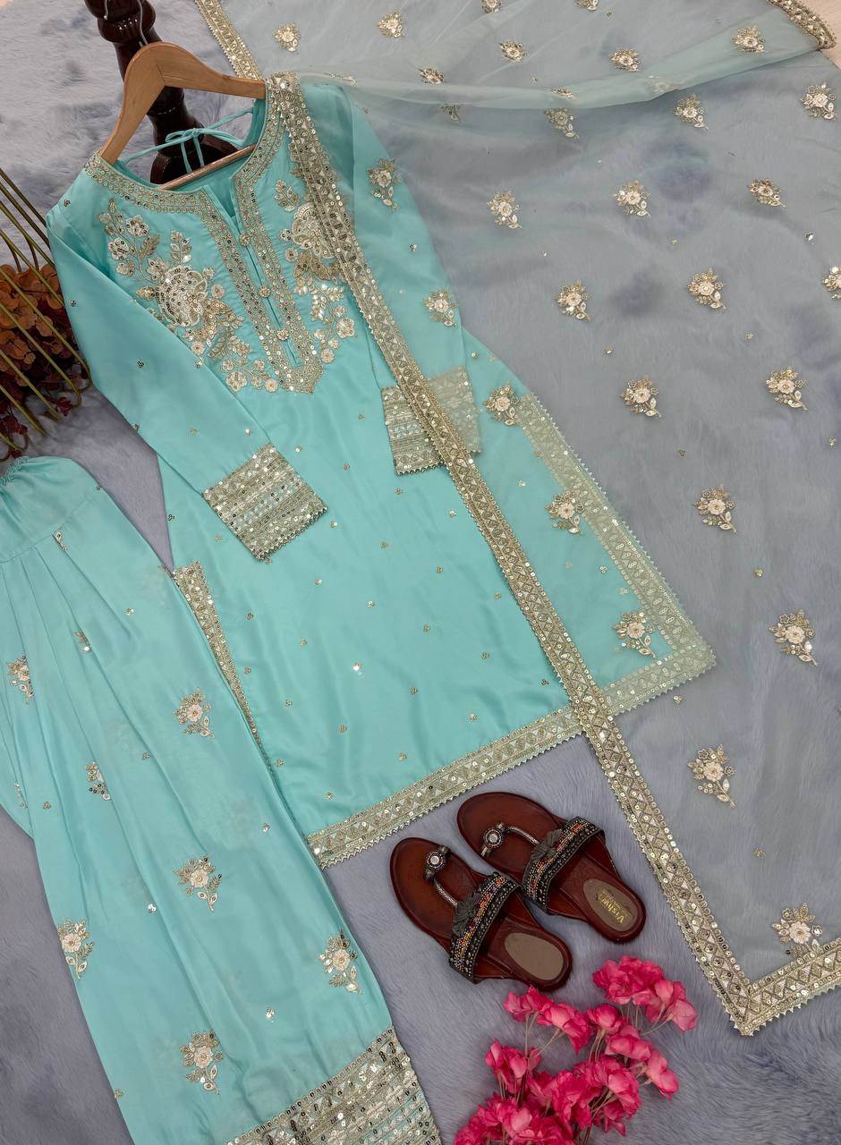 Wedding Wear Sky Blue Pure Natural Crepe With Embroidery Sequence Work Palazzo Suit