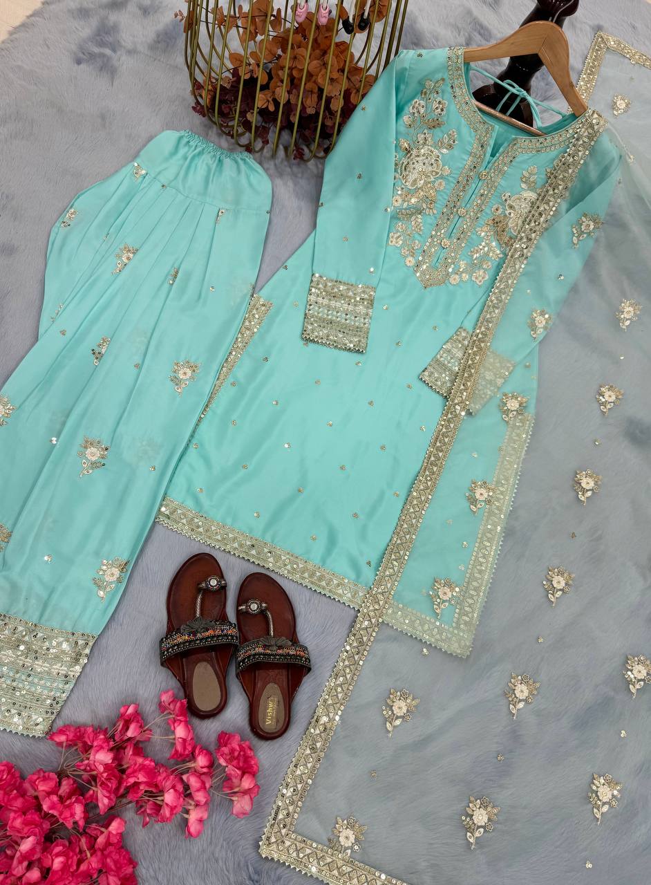 Wedding Wear Sky Blue Pure Natural Crepe With Embroidery Sequence Work Palazzo Suit