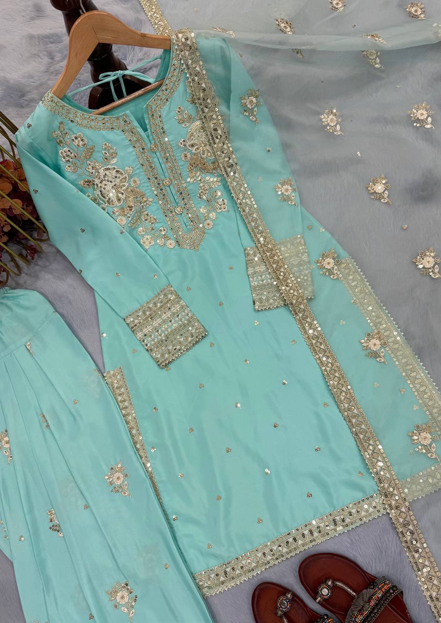 Wedding Wear Sky Blue Pure Natural Crepe With Embroidery Sequence Work Palazzo Suit