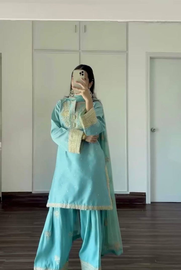 Wedding Wear Sky Blue Pure Natural Crepe With Embroidery Sequence Work Palazzo Suit