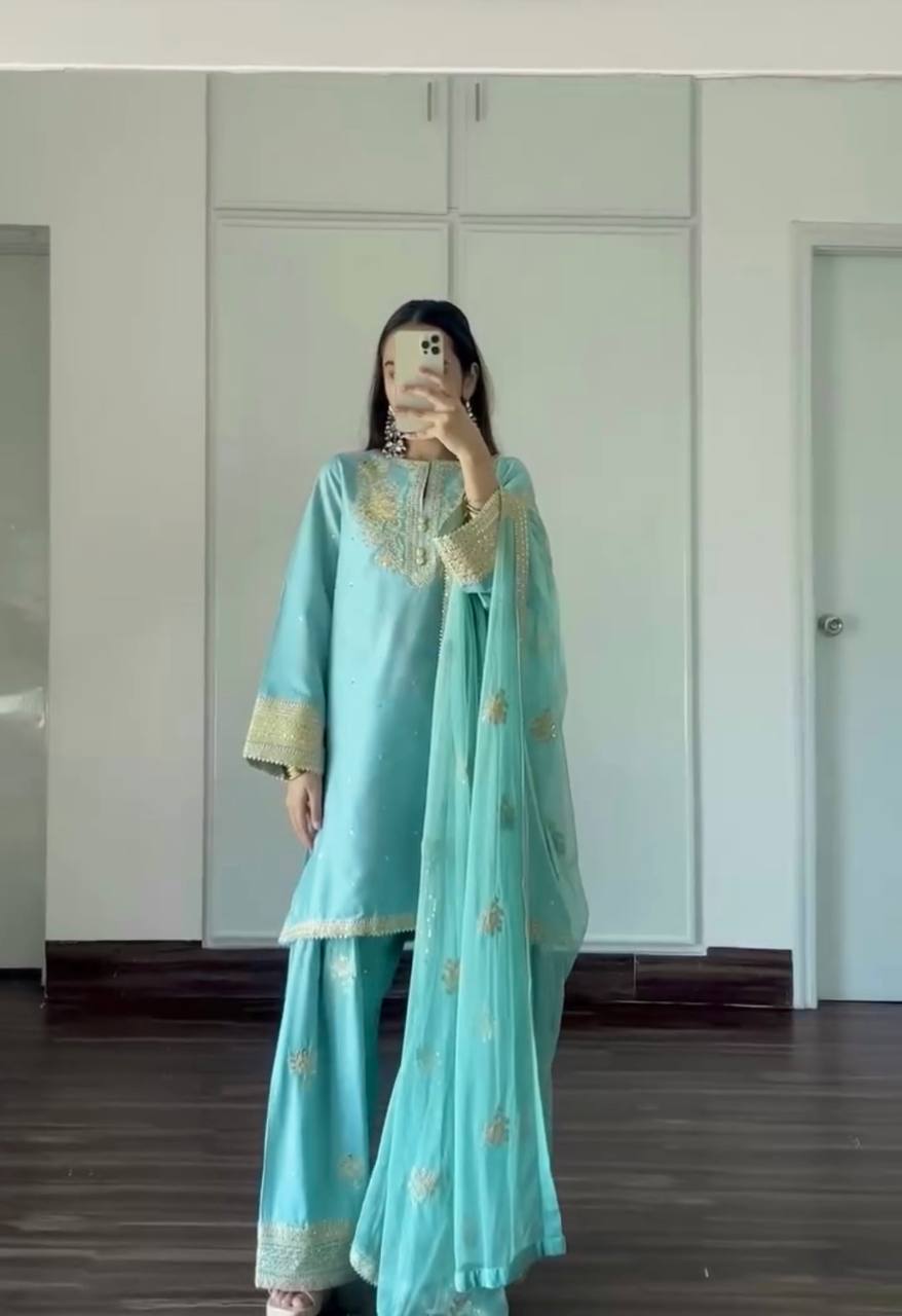Wedding Wear Sky Blue Pure Natural Crepe With Embroidery Sequence Work Palazzo Suit