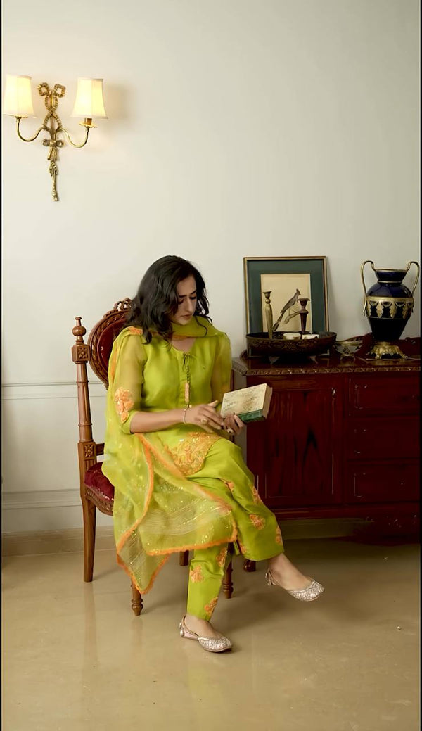 Function Wear Mehndi Color Natural Crep Silk With Embrodary Siquance Work Salwar Suit