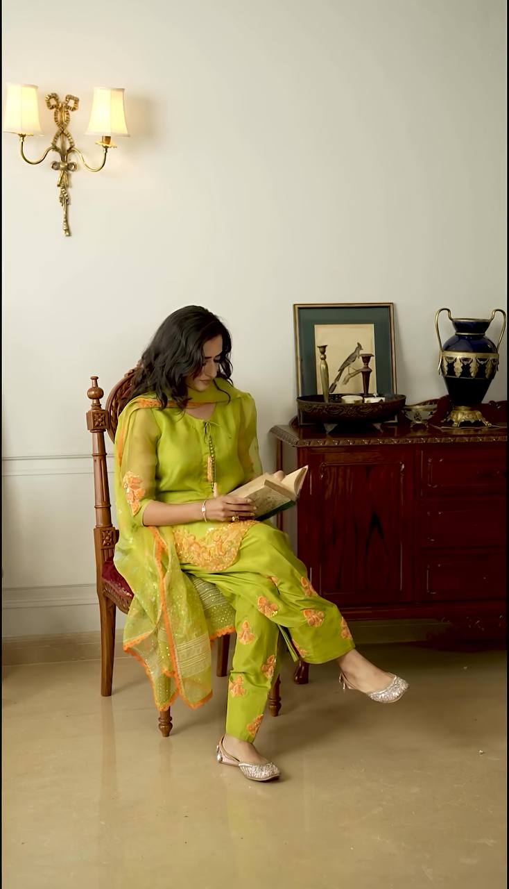 Function Wear Mehndi Color Natural Crep Silk With Embrodary Siquance Work Salwar Suit