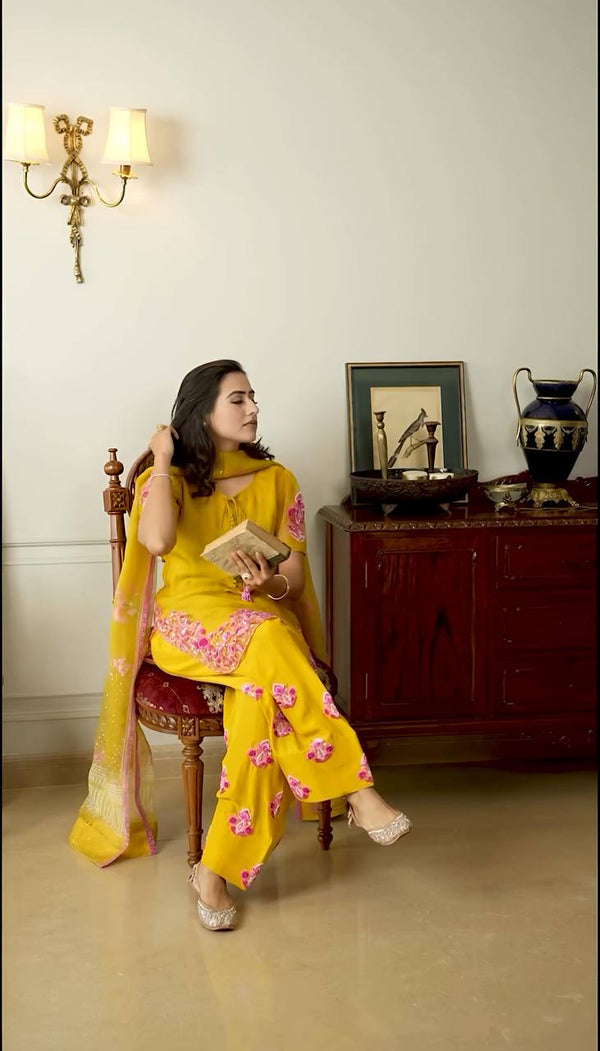 Function Wear Haldi Special Yellow Color Natural Crep Silk With Embrodary Siquance Work Salwar Suit