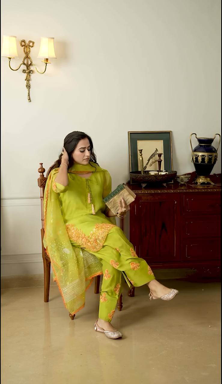 Function Wear Mehndi Color Natural Crep Silk With Embrodary Siquance Work Salwar Suit