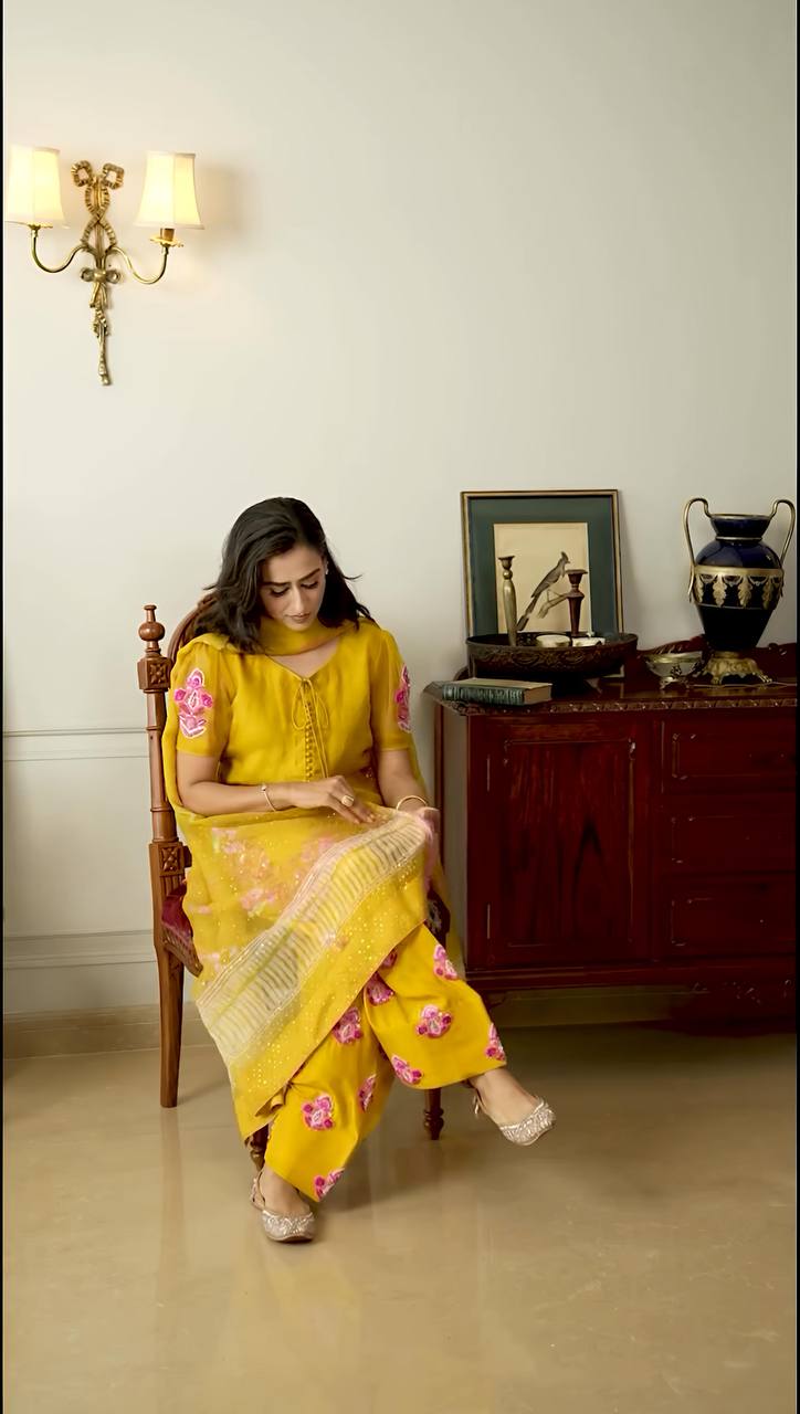 Function Wear Haldi Special Yellow Color Natural Crep Silk With Embrodary Siquance Work Salwar Suit