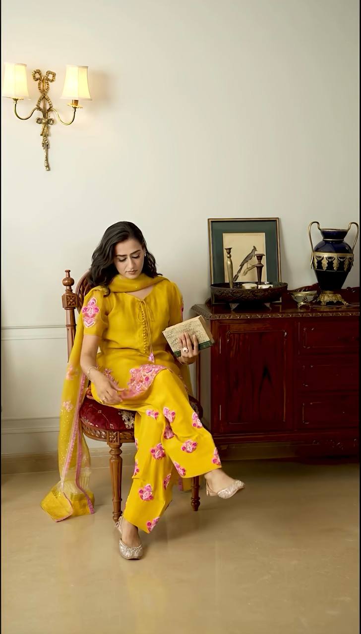 Function Wear Haldi Special Yellow Color Natural Crep Silk With Embrodary Siquance Work Salwar Suit