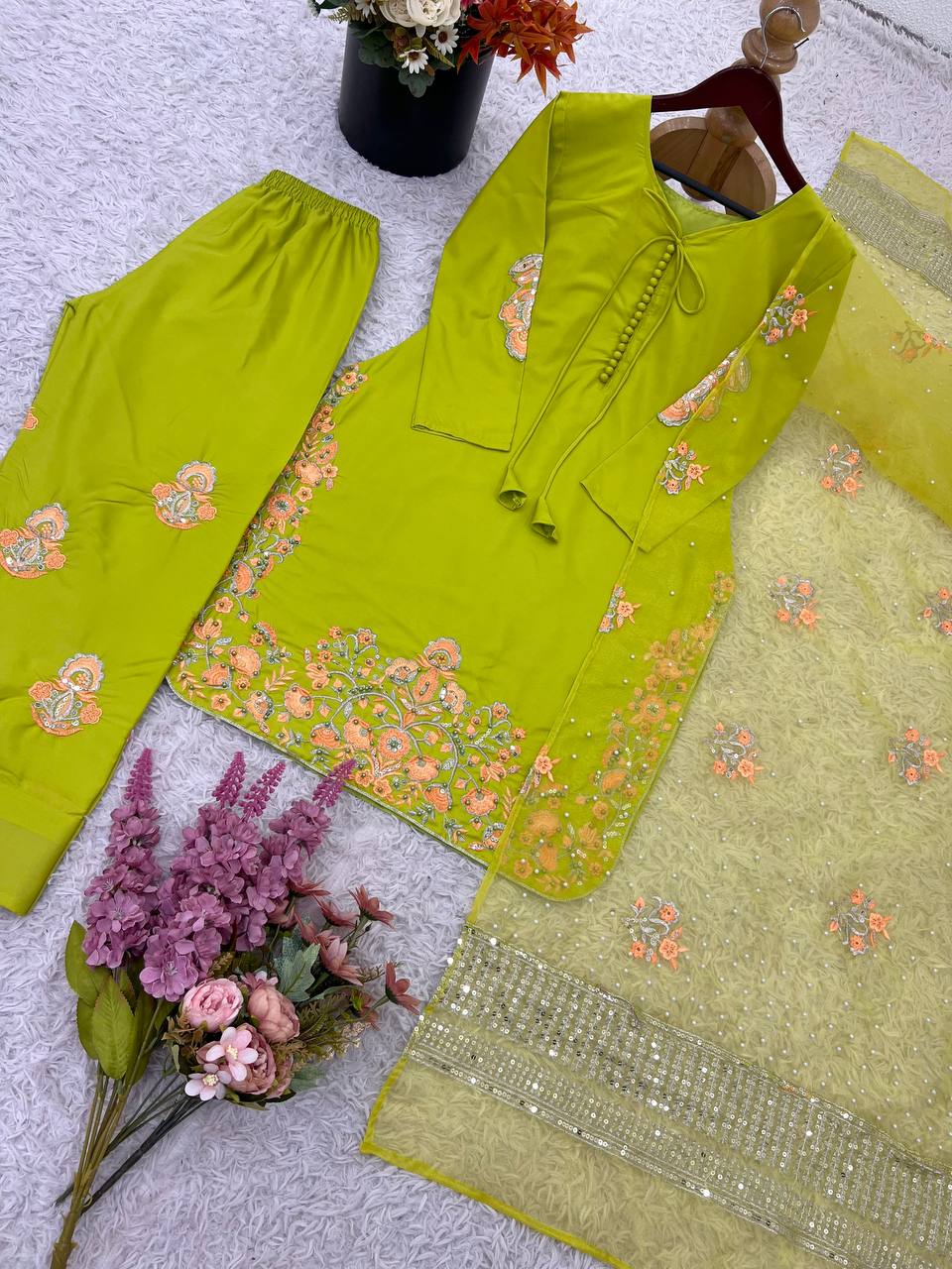 Function Wear Mehndi Color Natural Crep Silk With Embrodary Siquance Work Salwar Suit