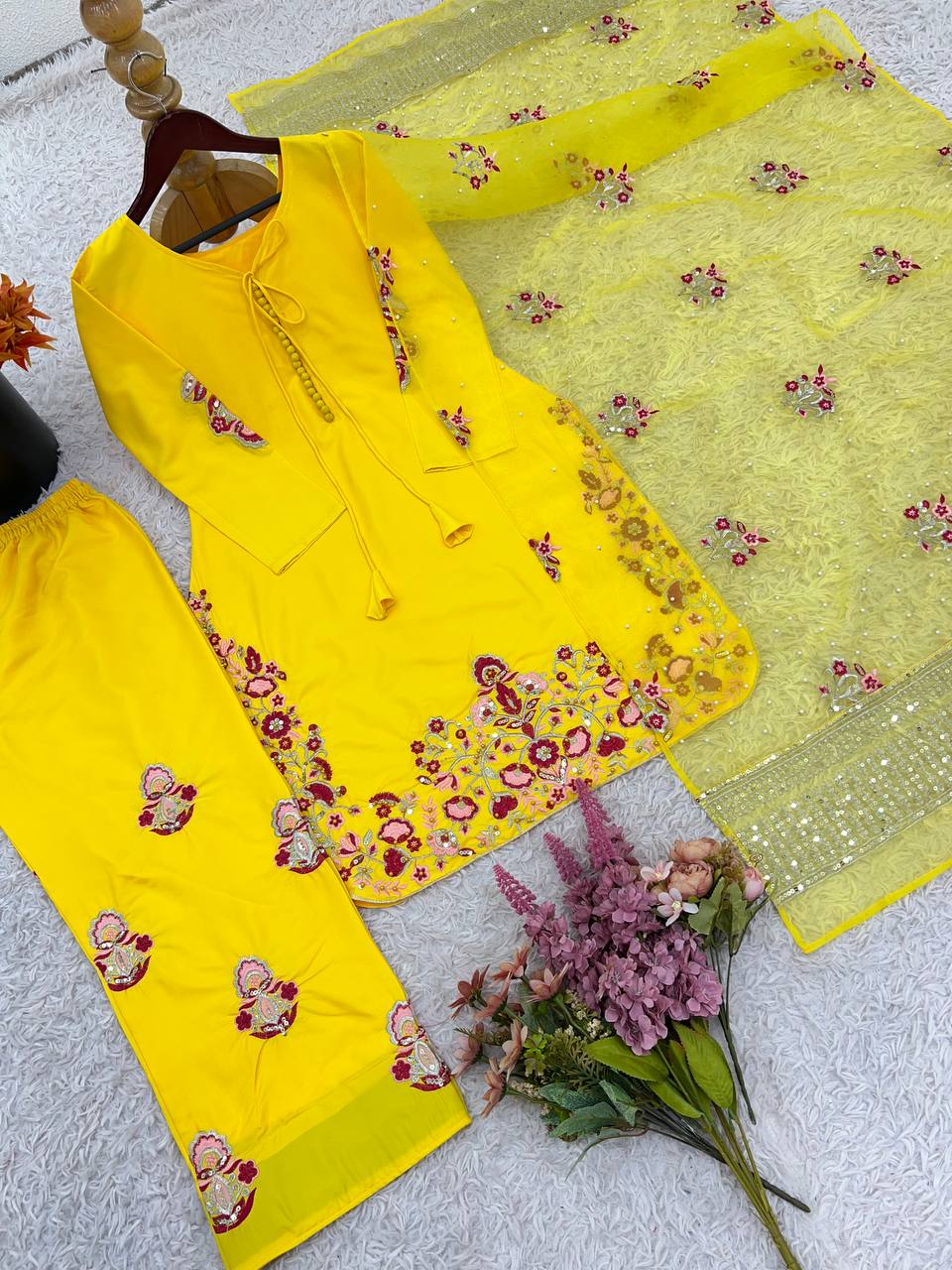Function Wear Haldi Special Yellow Color Natural Crep Silk With Embrodary Siquance Work Salwar Suit