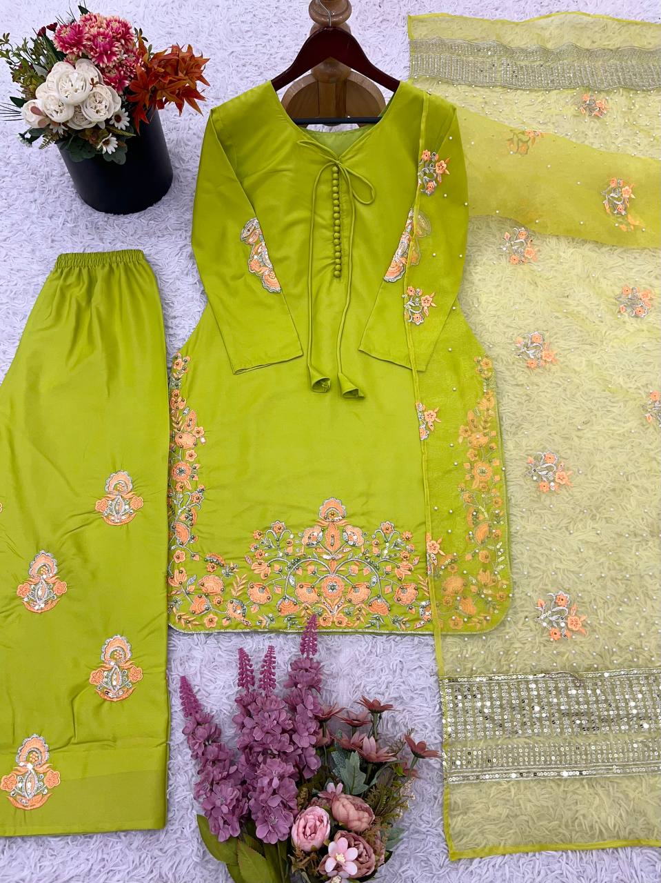 Function Wear Mehndi Color Natural Crep Silk With Embrodary Siquance Work Salwar Suit