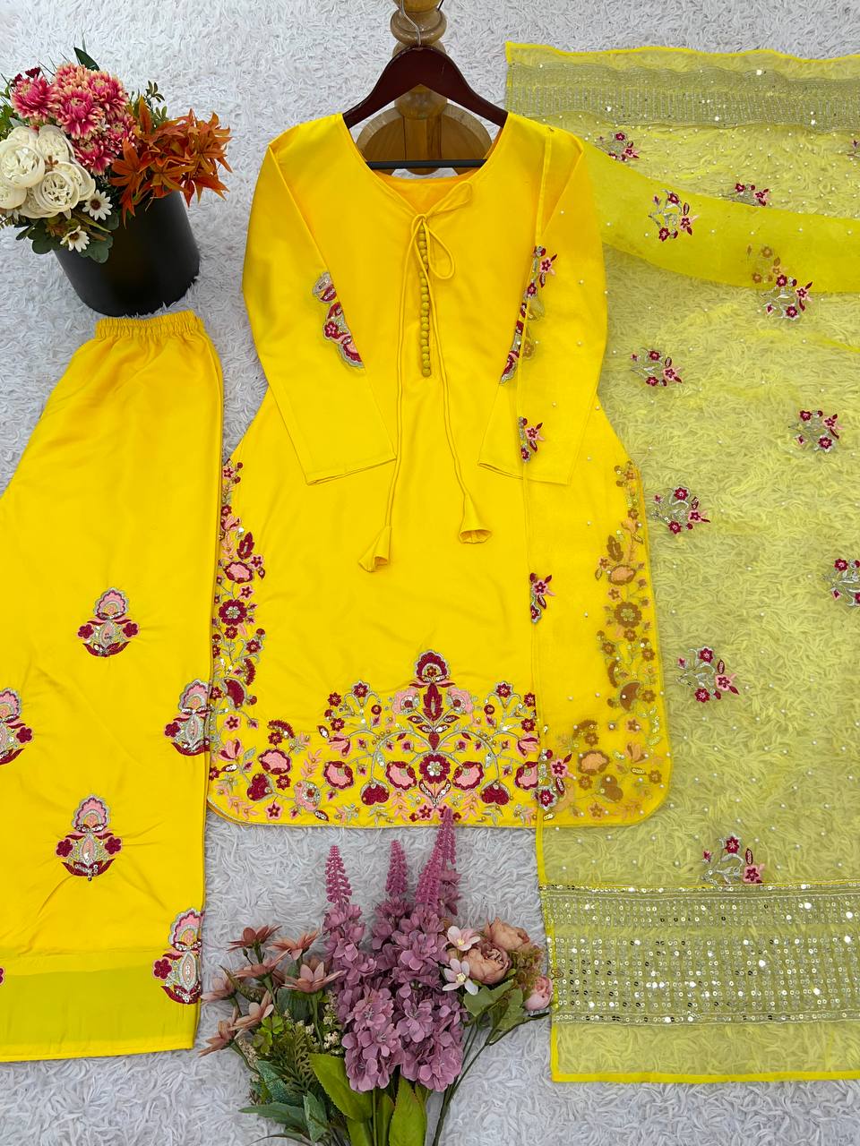 Function Wear Haldi Special Yellow Color Natural Crep Silk With Embrodary Siquance Work Salwar Suit