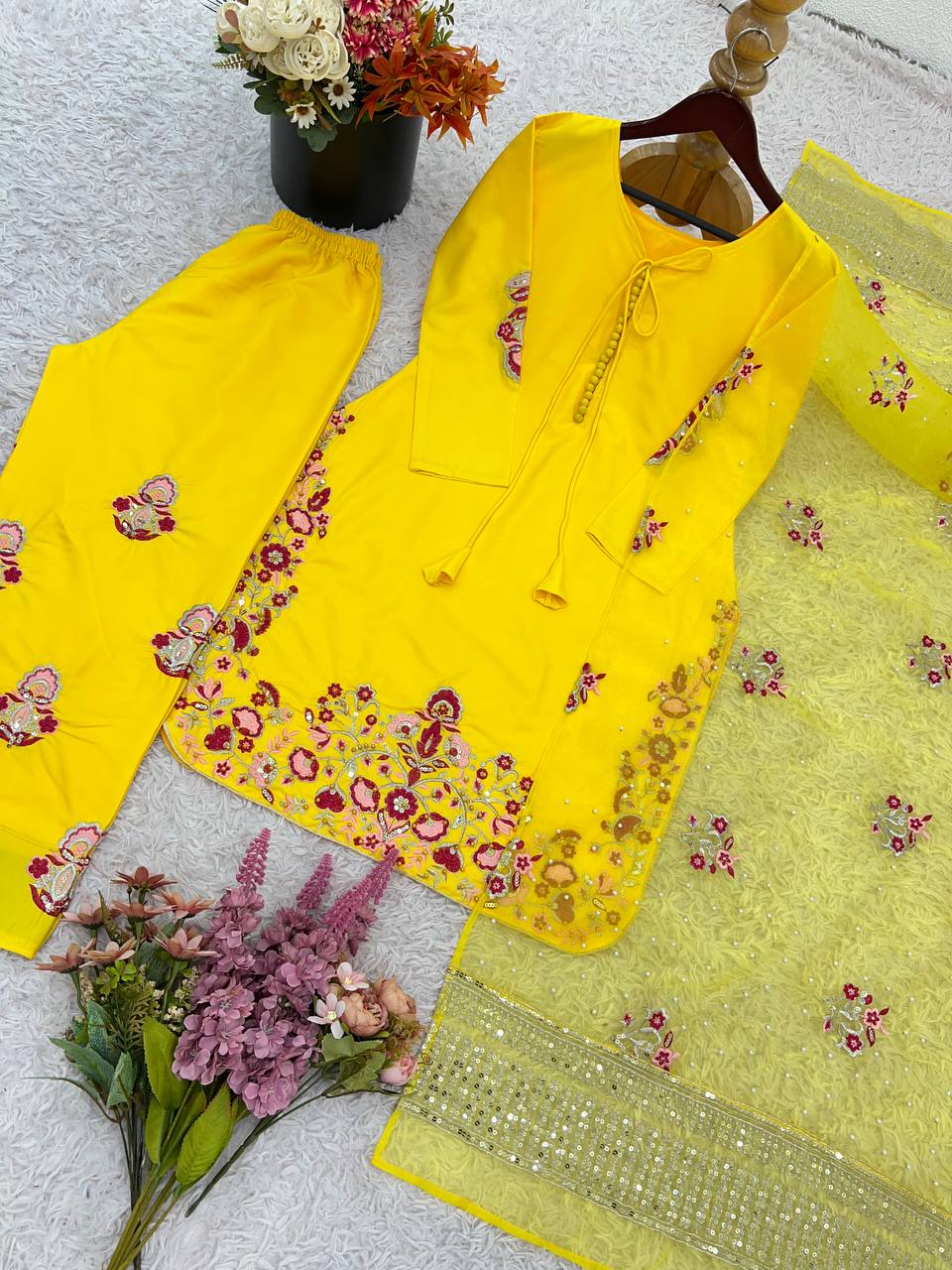 Function Wear Haldi Special Yellow Color Natural Crep Silk With Embrodary Siquance Work Salwar Suit