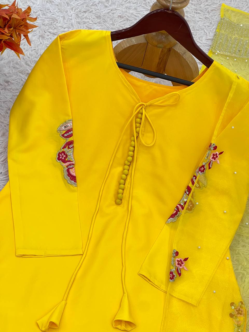Function Wear Haldi Special Yellow Color Natural Crep Silk With Embrodary Siquance Work Salwar Suit