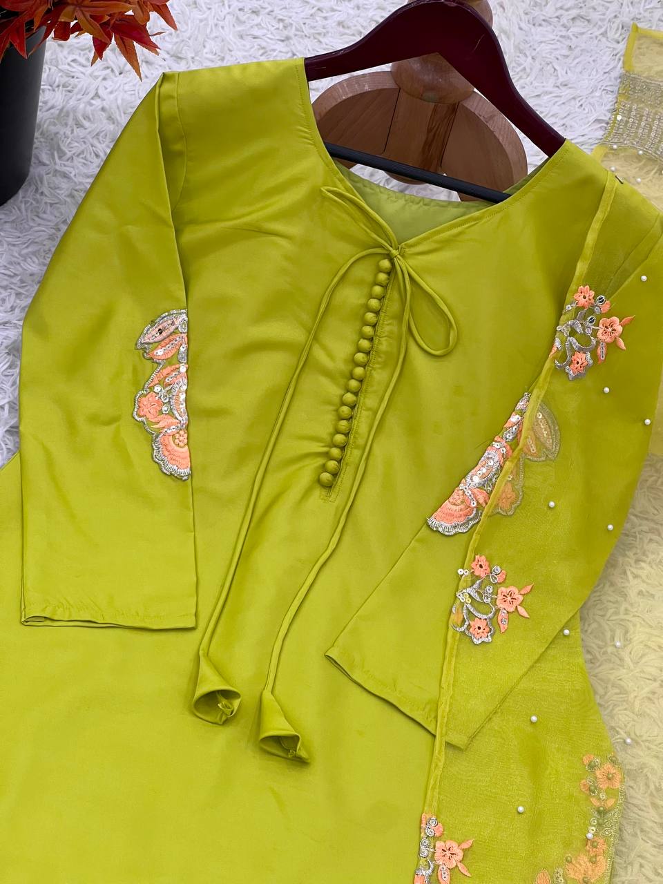 Function Wear Mehndi Color Natural Crep Silk With Embrodary Siquance Work Salwar Suit