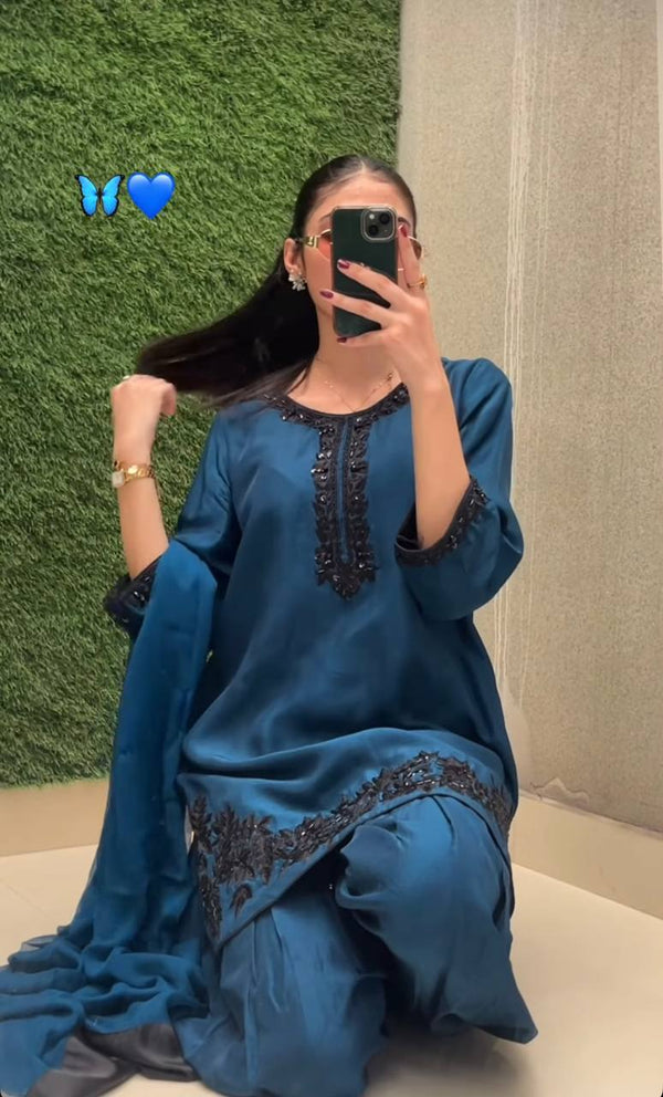 Bollywood Style Teal Blue Color Pure Natural Crep Silk With Embroidery Sequence Work Palazzo suit