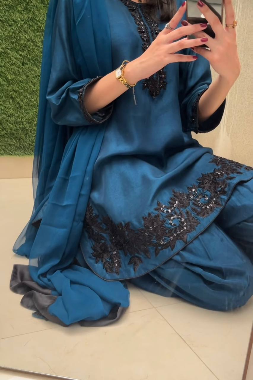 Bollywood Style Teal Blue Color Pure Natural Crep Silk With Embroidery Sequence Work Palazzo suit
