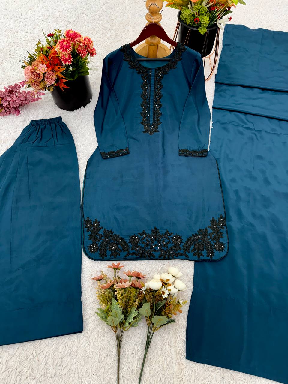 Bollywood Style Teal Blue Color Pure Natural Crep Silk With Embroidery Sequence Work Palazzo suit