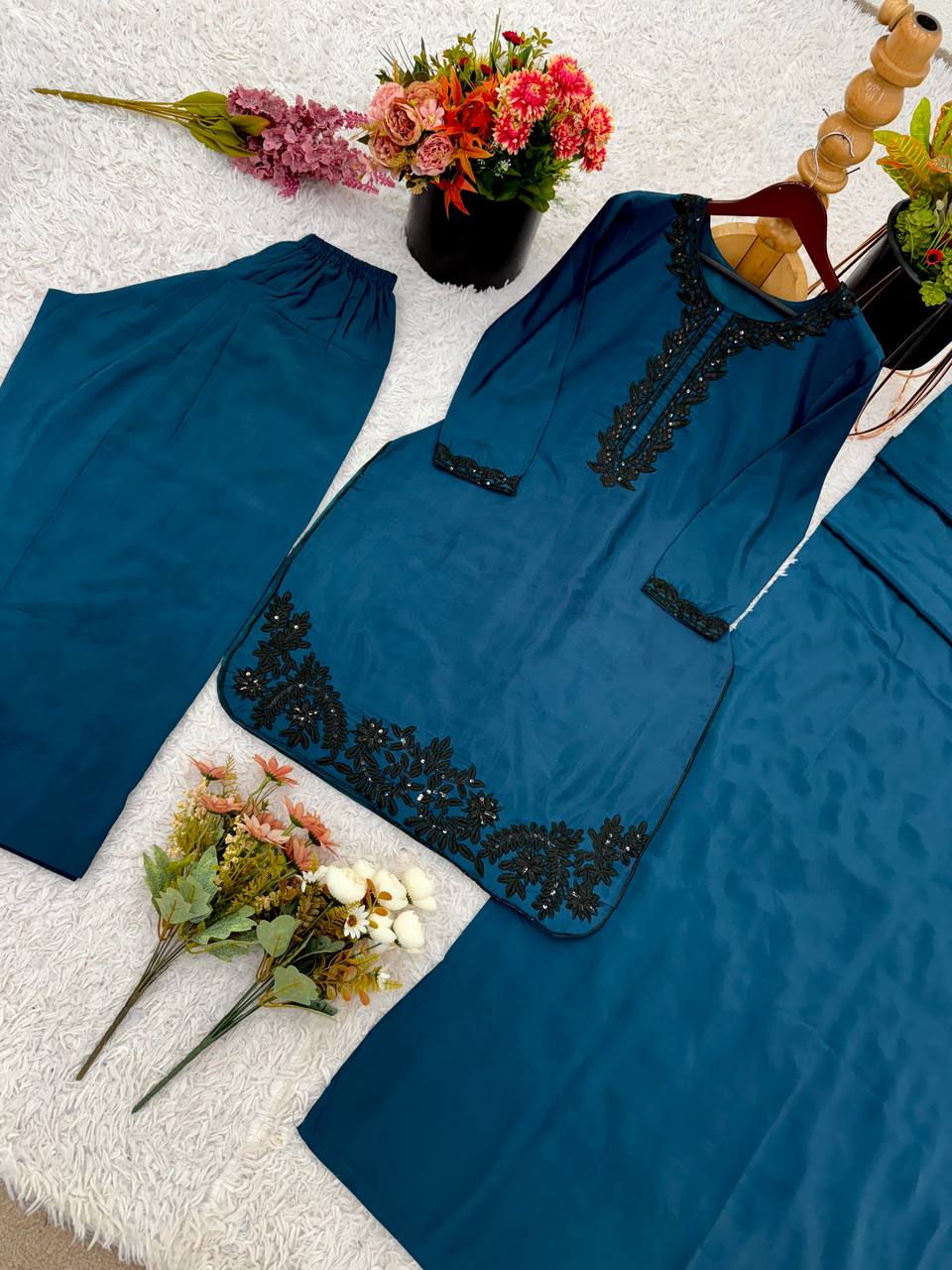 Bollywood Style Teal Blue Color Pure Natural Crep Silk With Embroidery Sequence Work Palazzo suit