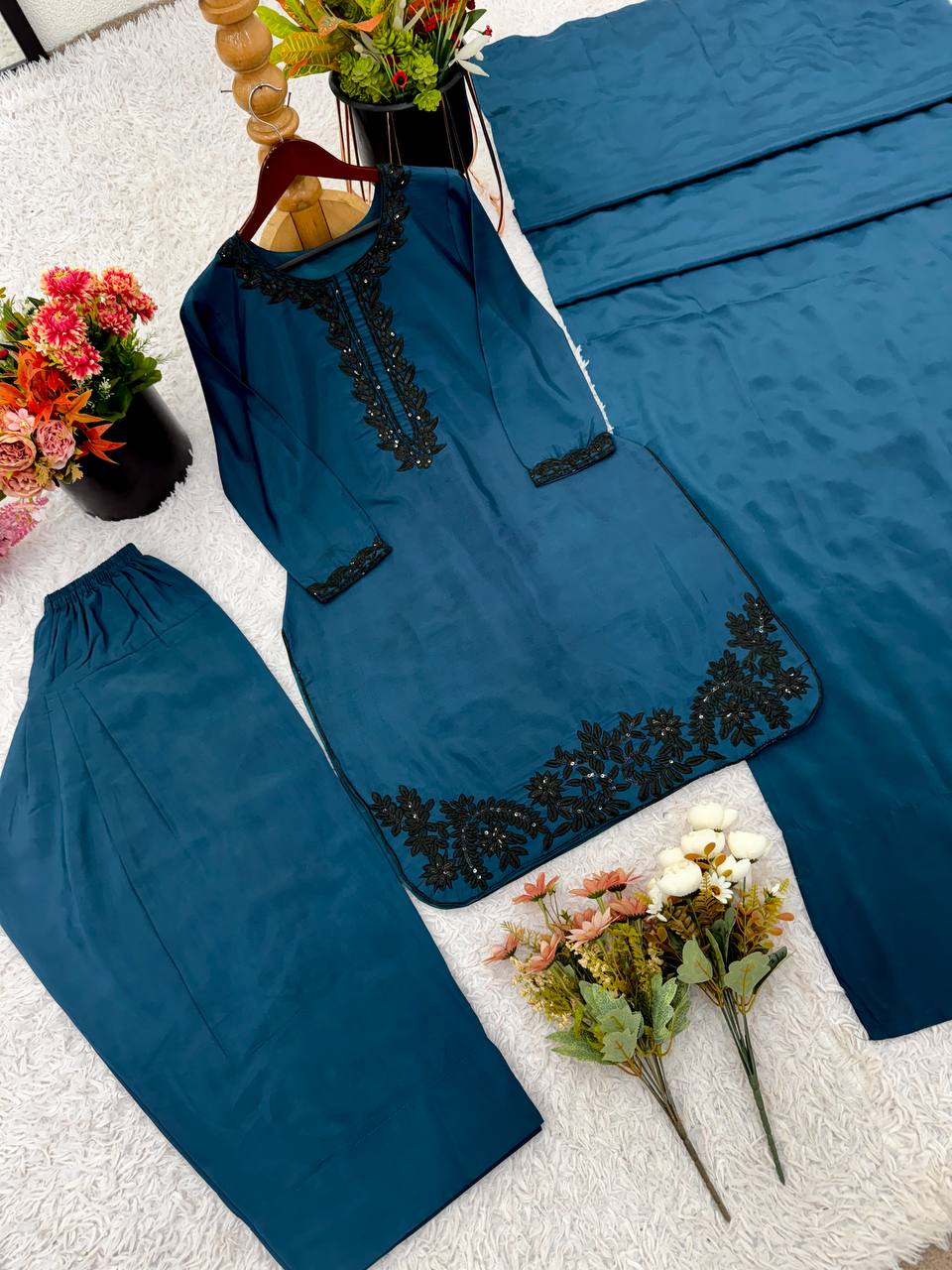 Bollywood Style Teal Blue Color Pure Natural Crep Silk With Embroidery Sequence Work Palazzo suit