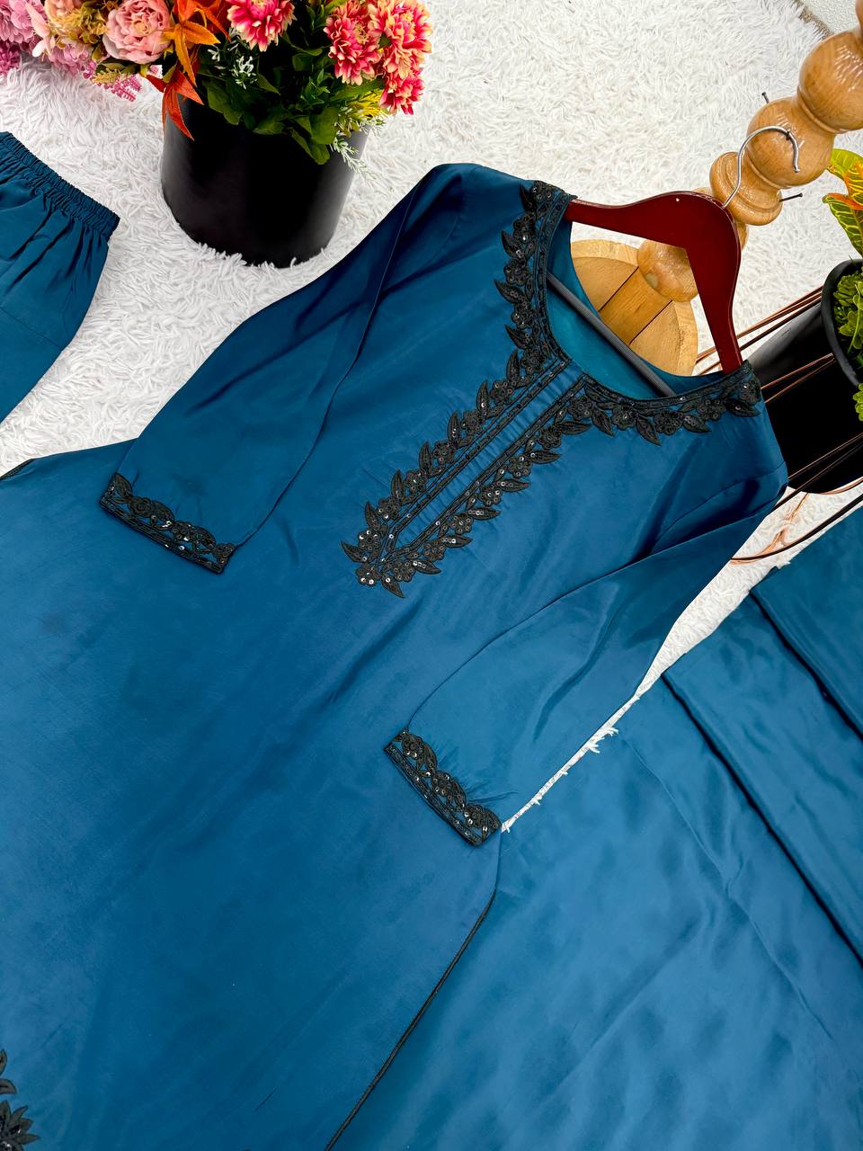 Bollywood Style Teal Blue Color Pure Natural Crep Silk With Embroidery Sequence Work Palazzo suit