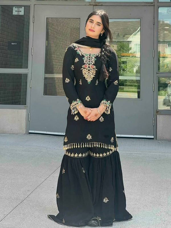 Occasion Wear Black Color Heavy Chinon Silk Embroidery Sequence Work Sharara Suit