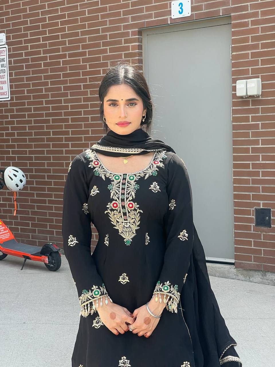 Occasion Wear Black Color Heavy Chinon Silk Embroidery Sequence Work Sharara Suit