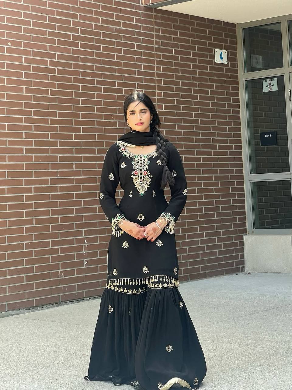Occasion Wear Black Color Heavy Chinon Silk Embroidery Sequence Work Sharara Suit