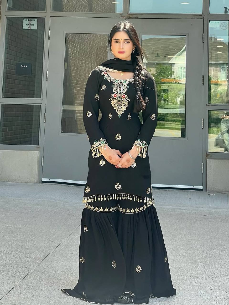 Occasion Wear Black Color Heavy Chinon Silk Embroidery Sequence Work Sharara Suit