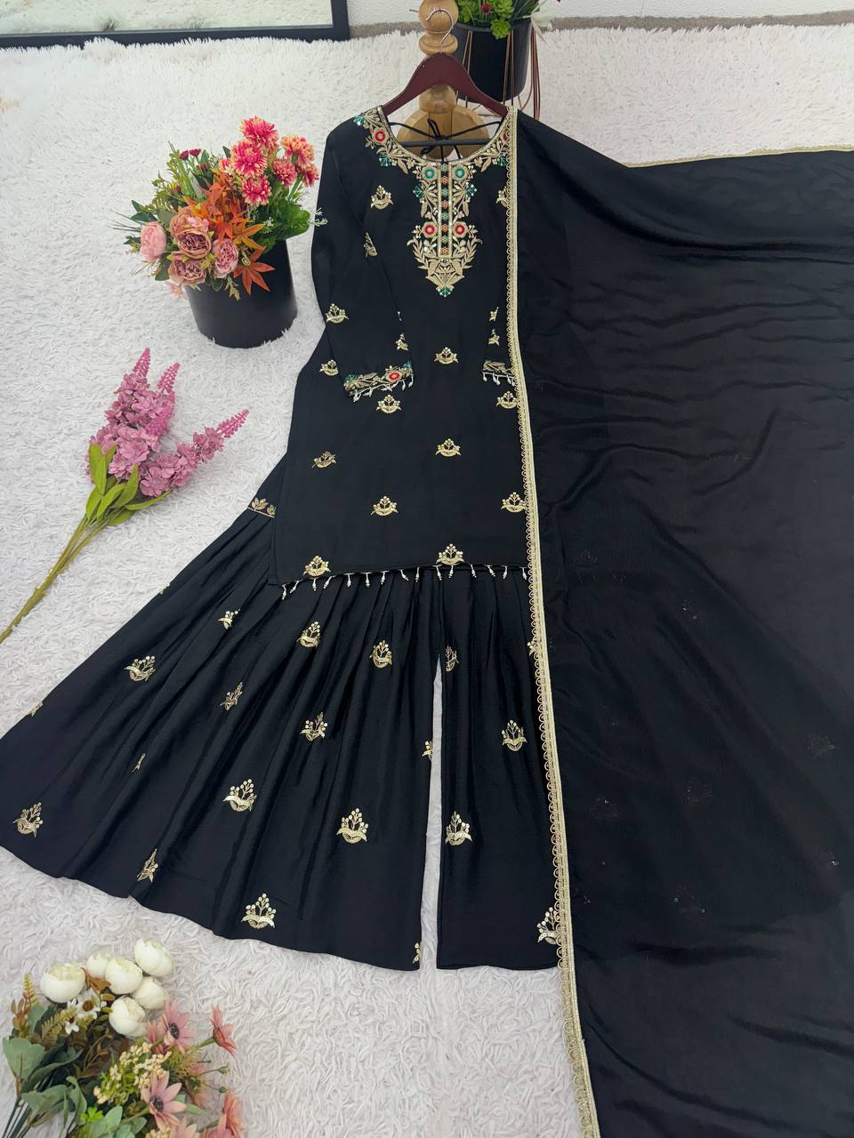 Occasion Wear Black Color Heavy Chinon Silk Embroidery Sequence Work Sharara Suit
