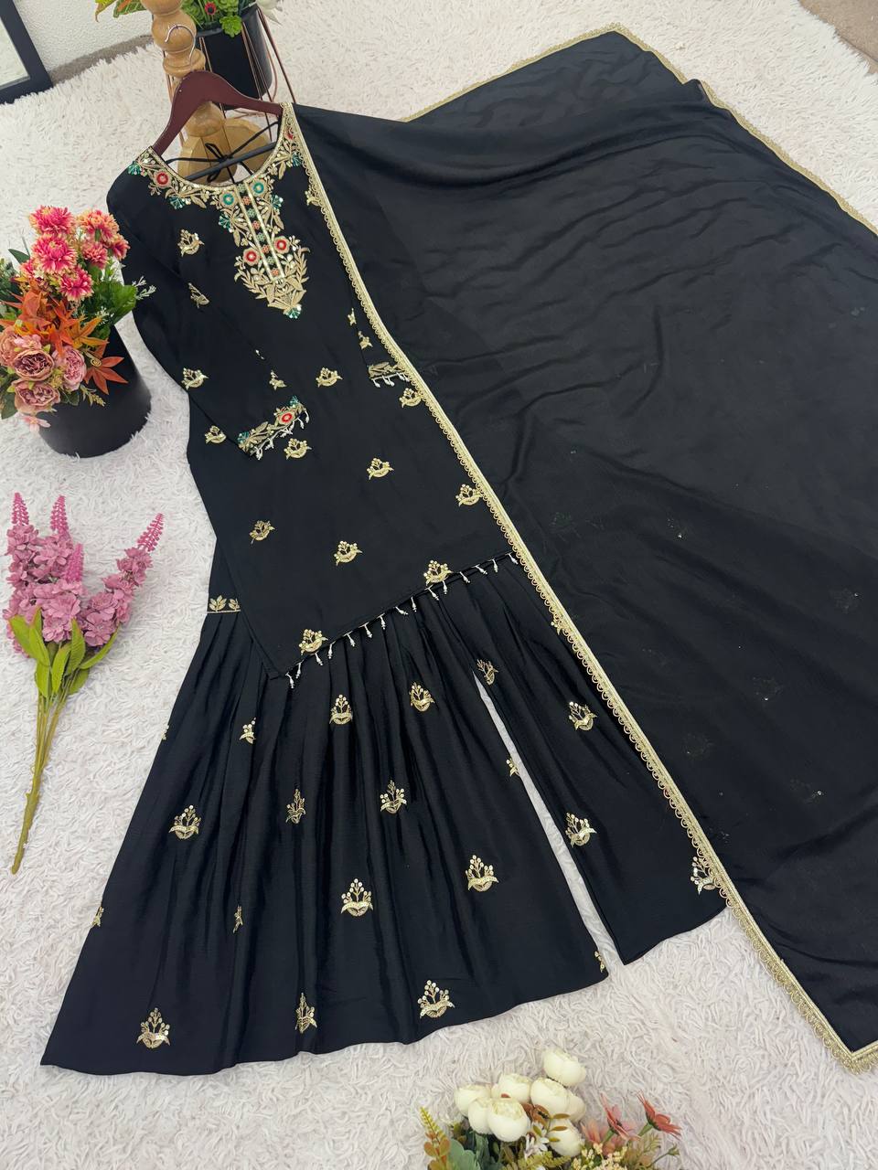 Occasion Wear Black Color Heavy Chinon Silk Embroidery Sequence Work Sharara Suit
